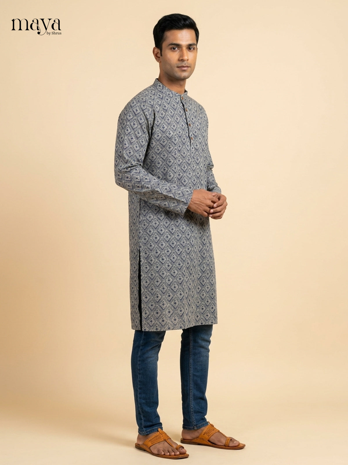 Pretty Grey geometric block printed Readymade Mens Long Kurta