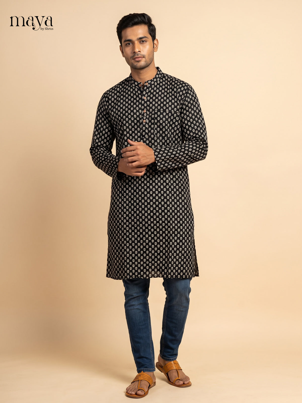 Graceful Black block Printed Readymade Mens Long Kurta