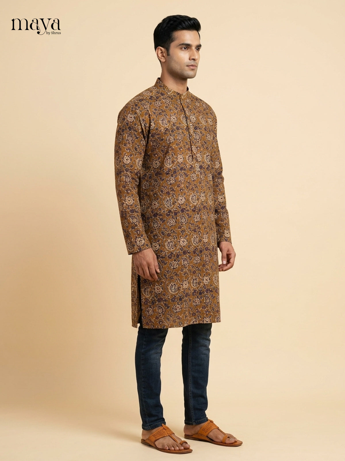 Timeless Mustard floral block printed Readymade Mens Long Kurta