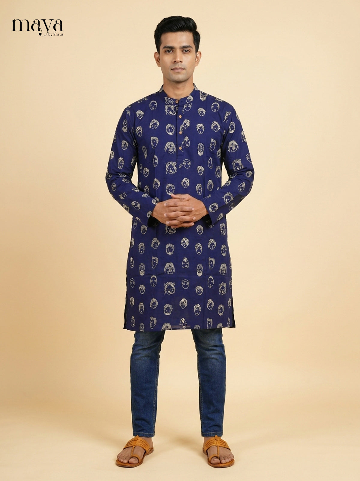Beautiful Blue block printed Readymade Mens long Kurta