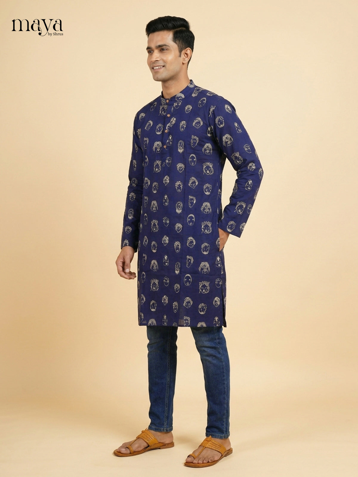 Beautiful Blue block printed Readymade Mens long Kurta