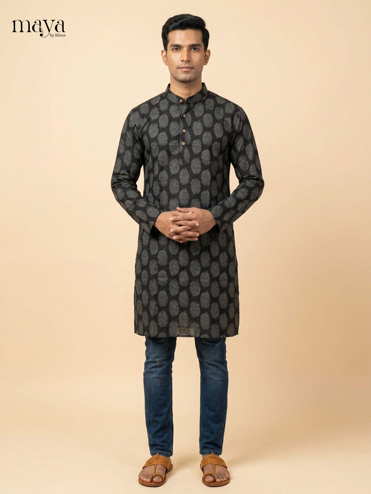 Classy Black Block Printed Readymade Mens Long Kurta