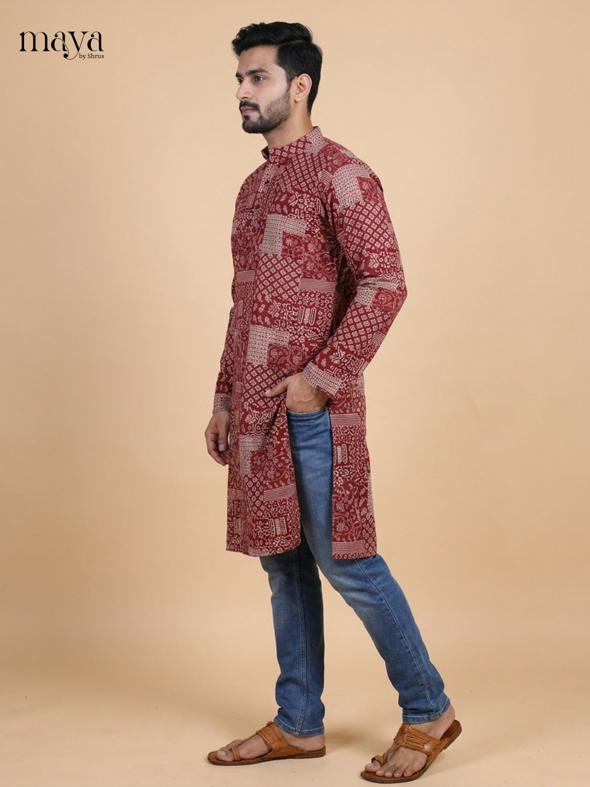 Timeless maroon geometric printed Readymade Mens long Kurta