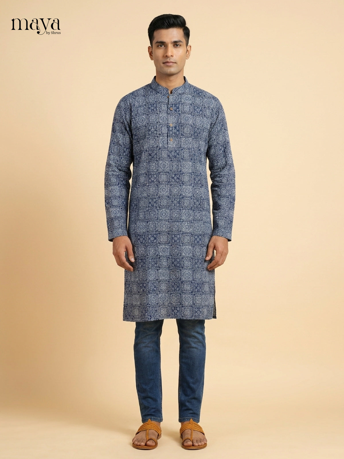 Vibrant Blue printed Readymade Mens long Kurta