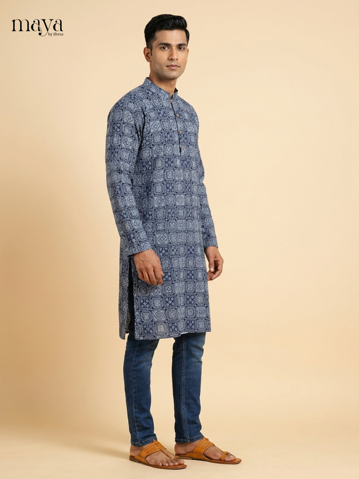 Vibrant Blue printed Readymade Mens long Kurta