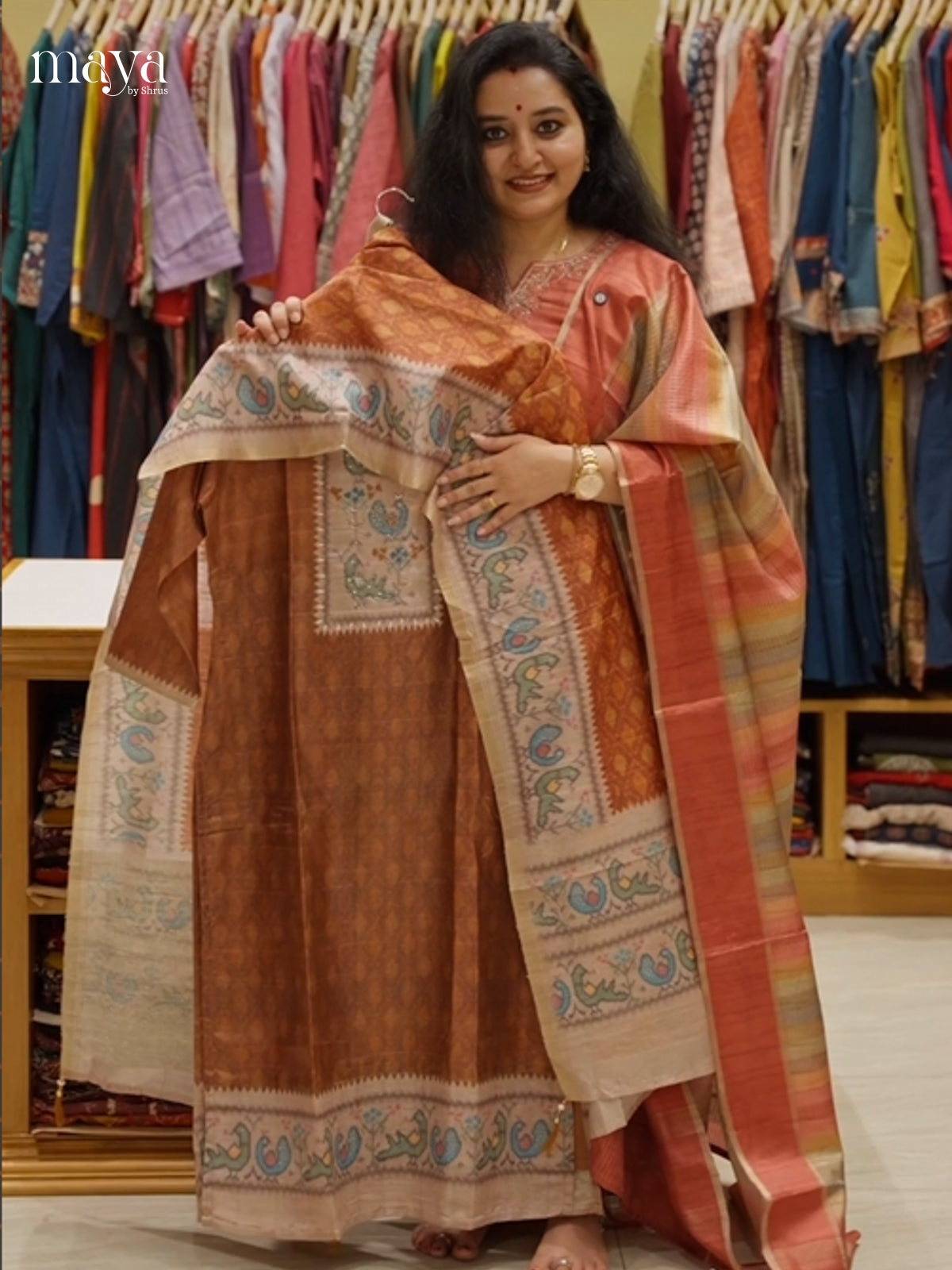 Regal Brown Semi Tussar Readymade 3PC Suits with floral print neck yoke