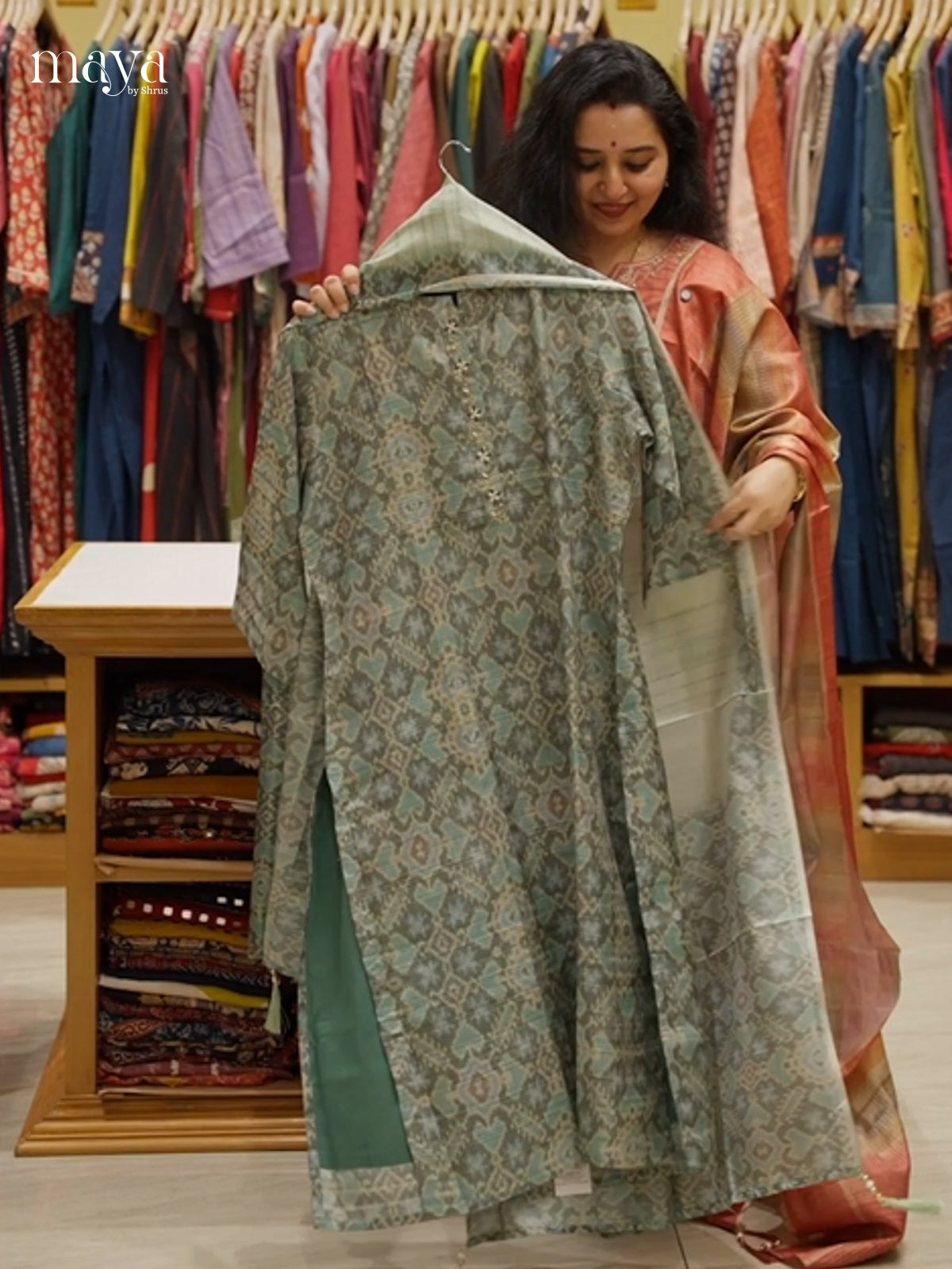Graceful Green Semi Tussar Readymade 3PC Suits with patola prints