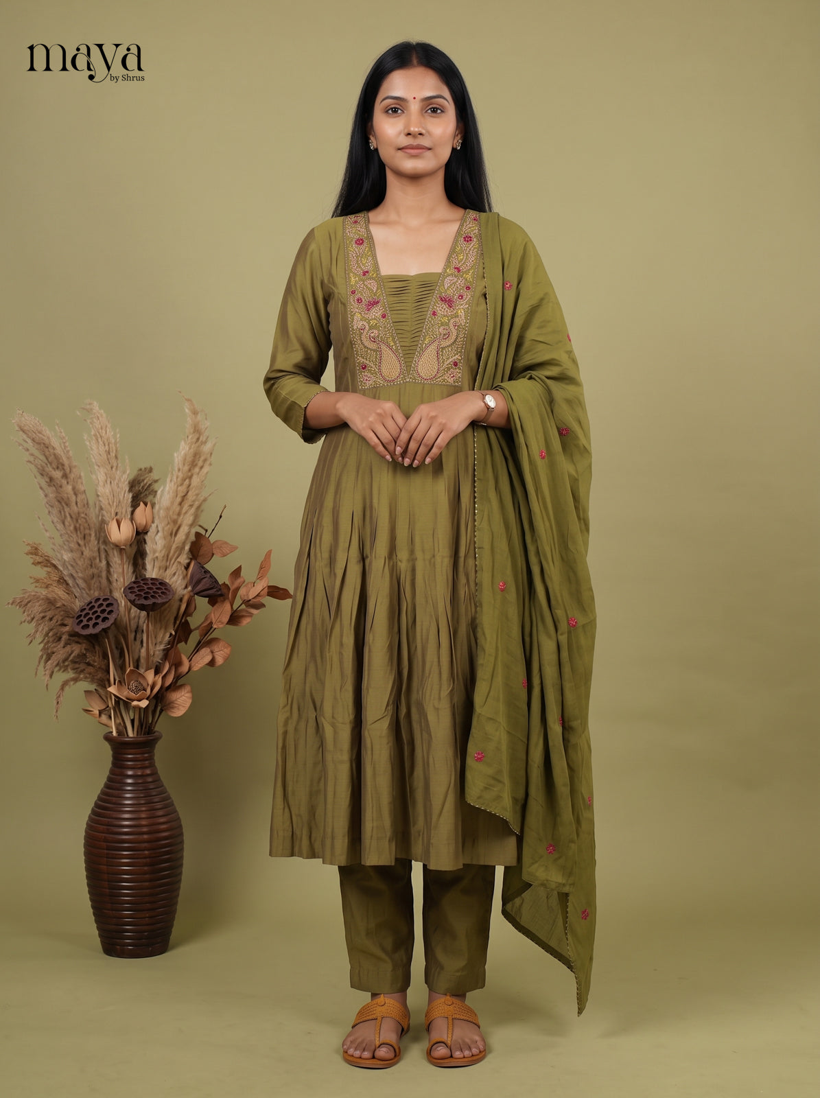 Pretty Green Readymade 3PC Suits with floral embroidery in the neck yoke