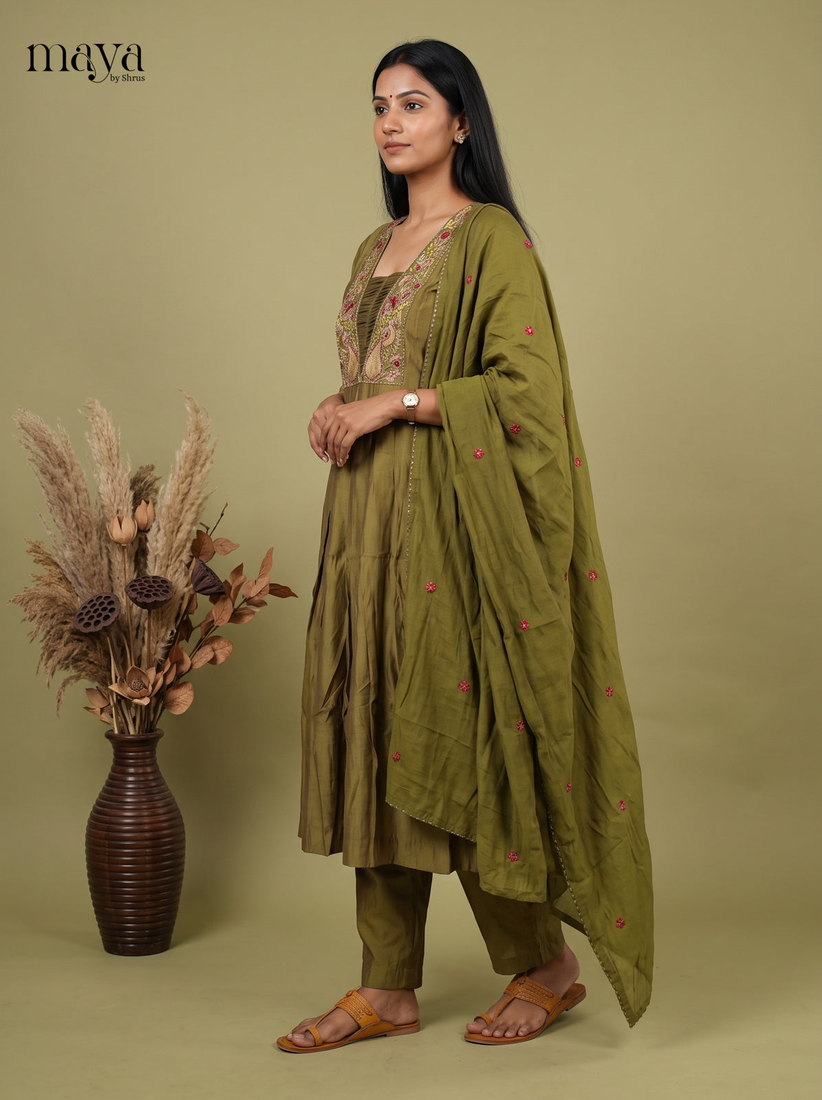 Pretty Green Readymade 3PC Suits with floral embroidery in the neck yoke