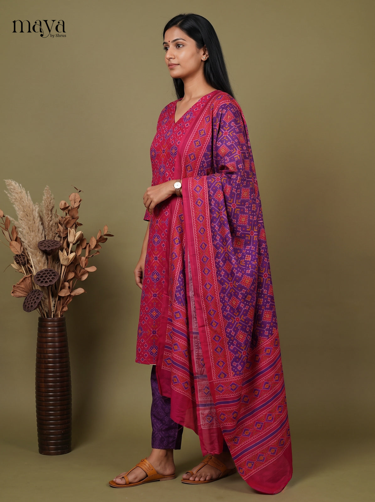 Charming Pink & Purple Semi Patola Readymade 3PC Suits with floral print