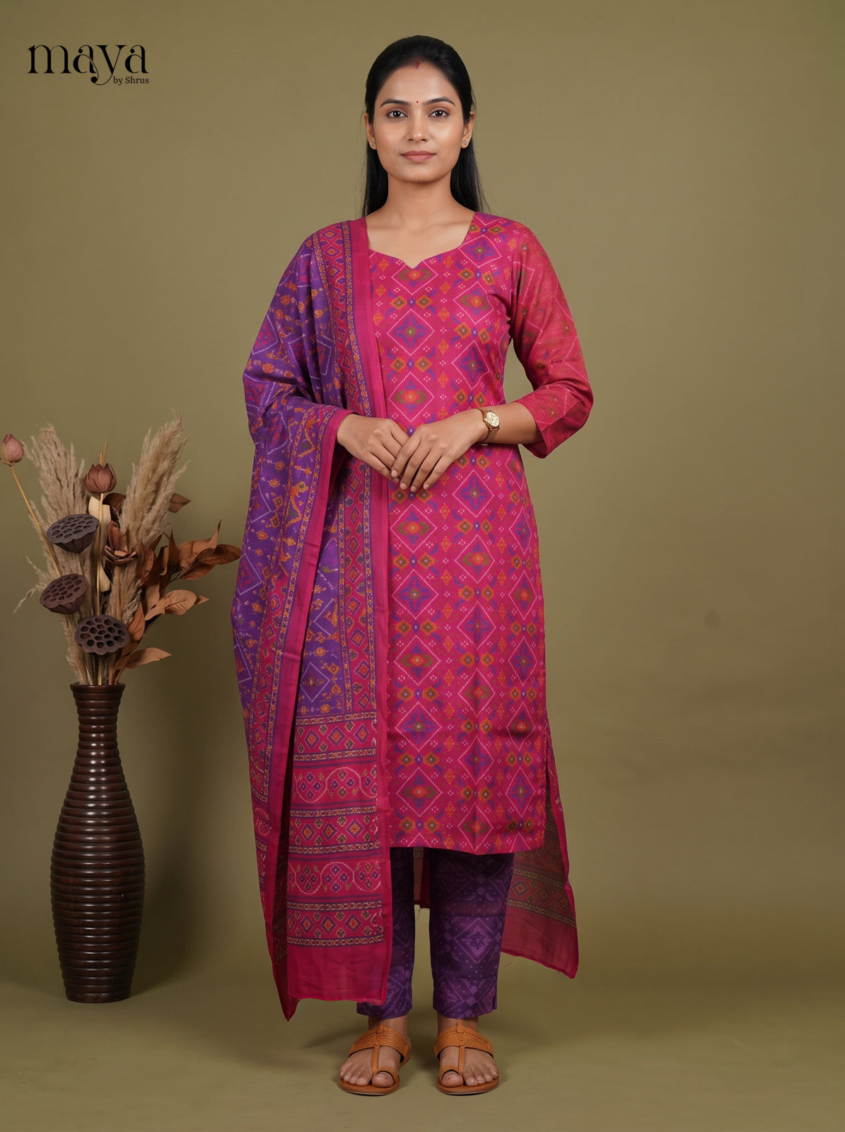 Elegant Pink & Purple Semi Patola Readymade 3PC Suits with floral print