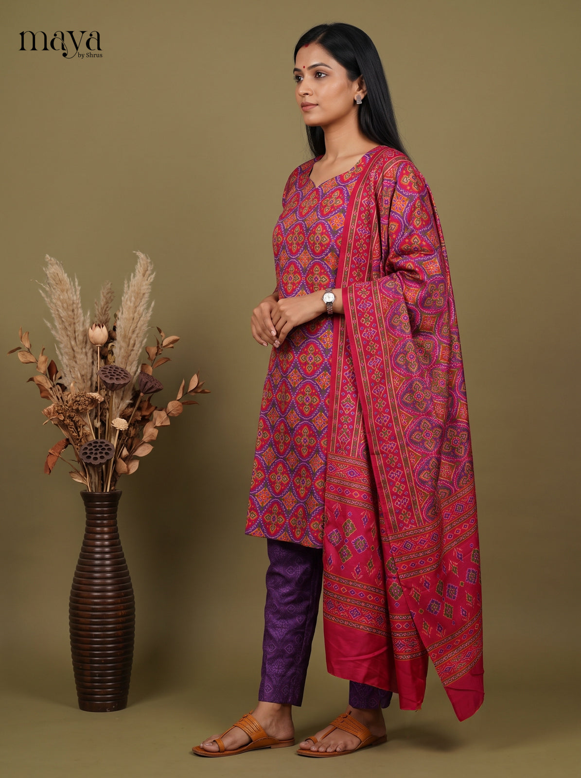 Beautiful Pink & Purple Semi Patola Readymade 3PC Suits with floral pattern