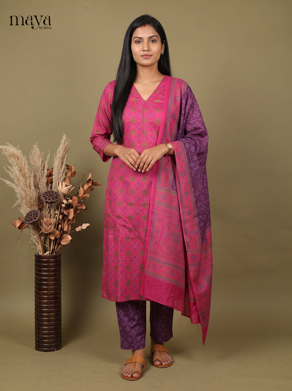 Stylish Pink & Purple Semi Patola Readymade 3PC Suits with floral print