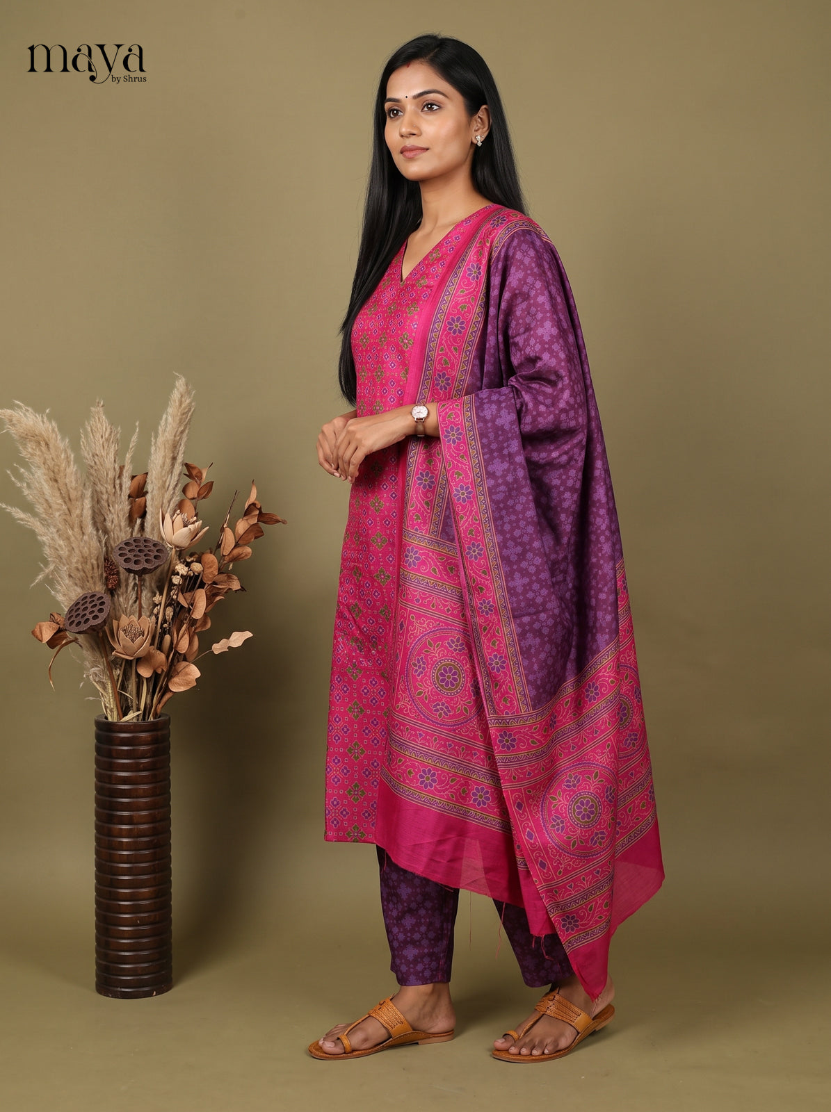 Stylish Pink & Purple Semi Patola Readymade 3PC Suits with floral print