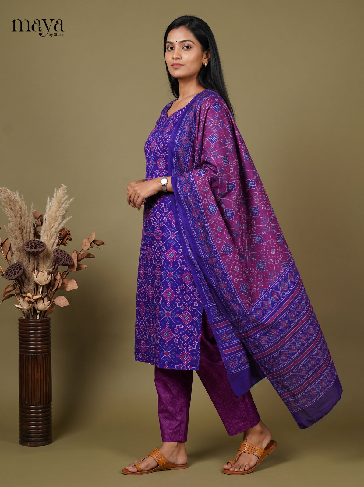 Graceful Blue & Purple Semi Patola Readymade 3PC Suits with floral print