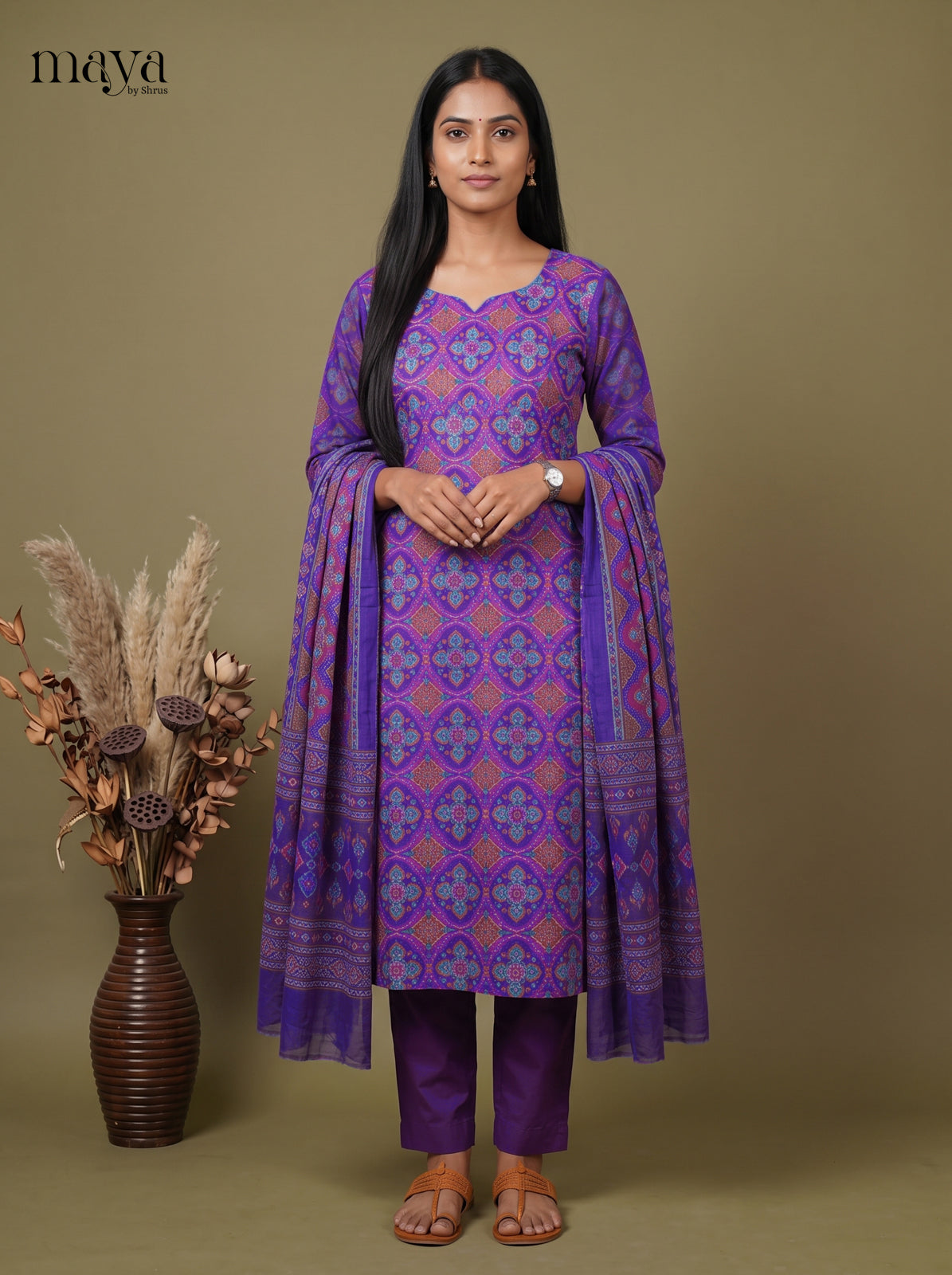 Stunning Blue & Purple Semi Patola Readymade 3PC Suits with floral print