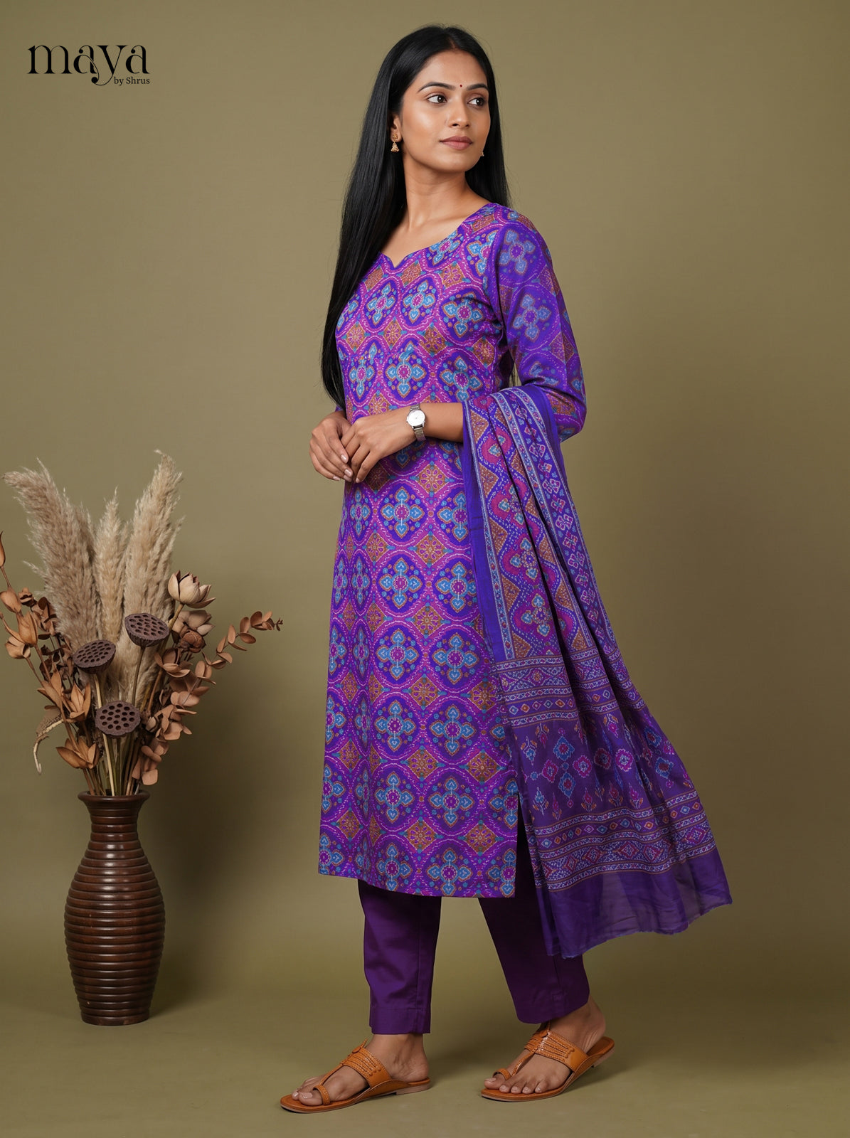Stunning Blue & Purple Semi Patola Readymade 3PC Suits with floral print