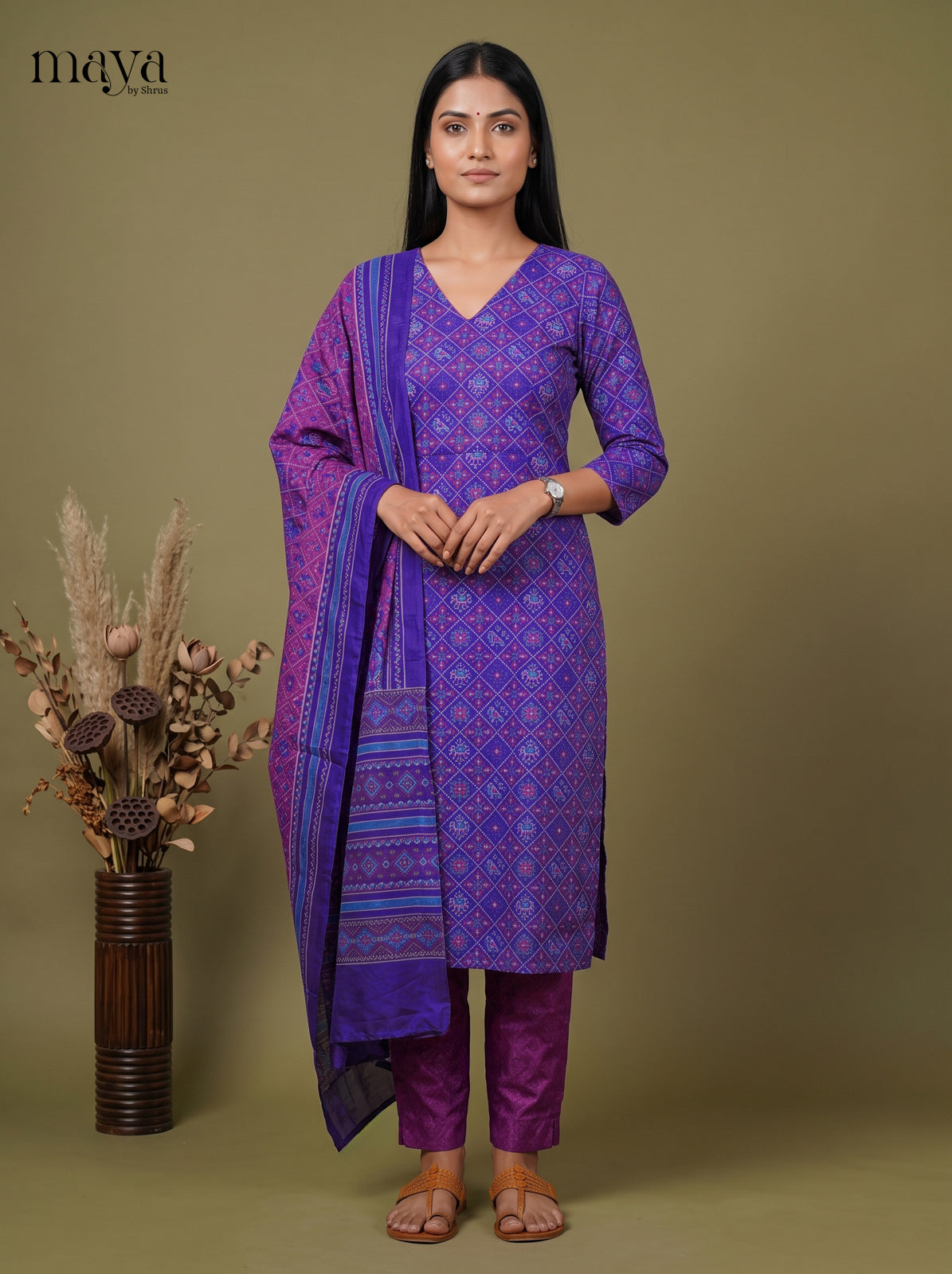Graceful Blue & Purple Semi Patola Readymade 3PC Suits with floral print