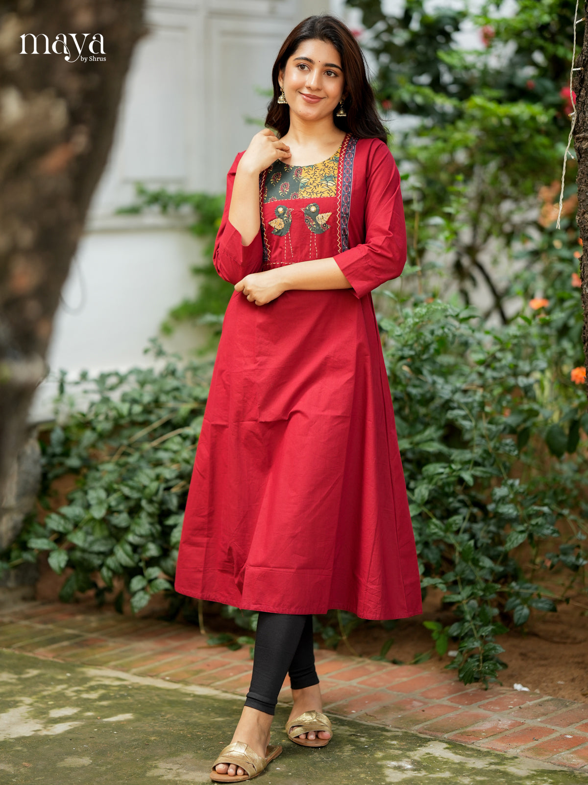 Red Readymade Kurti  with ajrakh printed neck yoke - MEA28031