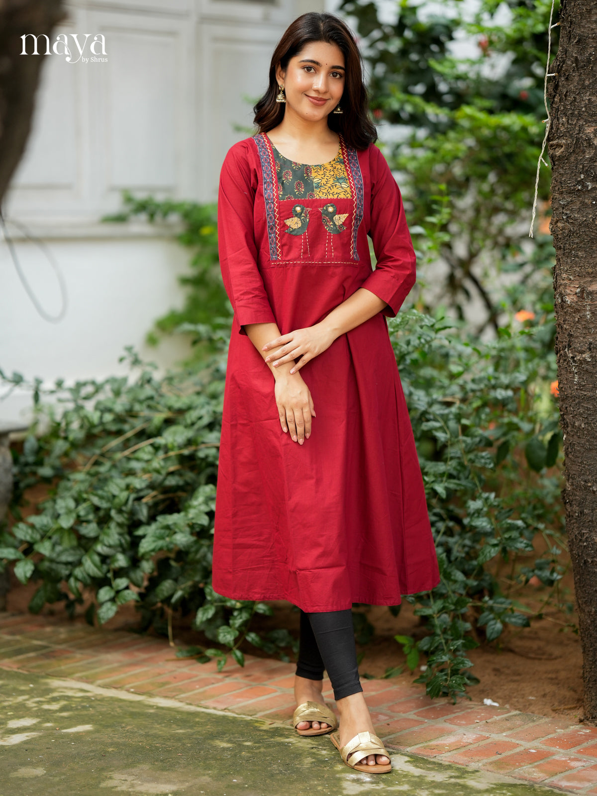 Red Readymade Kurti  with ajrakh printed neck yoke - MEA28031
