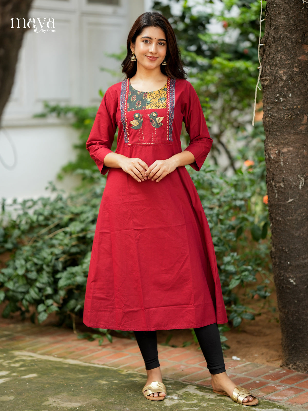 Red Readymade Kurti  with ajrakh printed neck yoke - MEA28031
