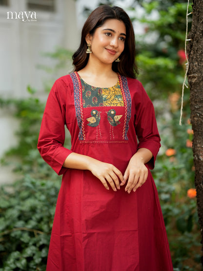 Red Readymade Kurti  with ajrakh printed neck yoke - MEA28031