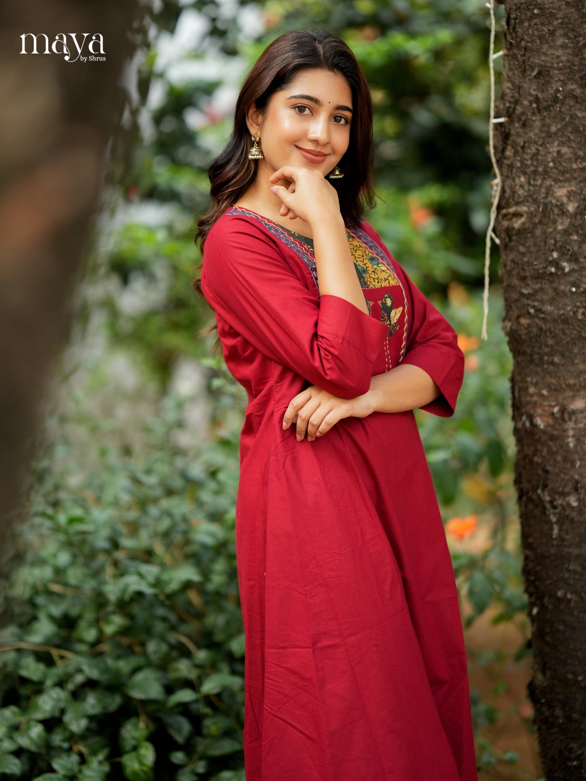 Red Readymade Kurti  with ajrakh printed neck yoke - MEA28031