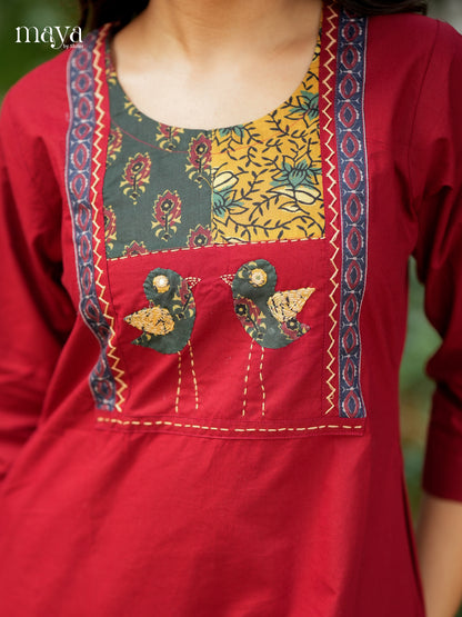 Red Readymade Kurti  with ajrakh printed neck yoke - MEA28031