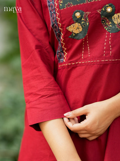 Red Readymade Kurti  with ajrakh printed neck yoke - MEA28031