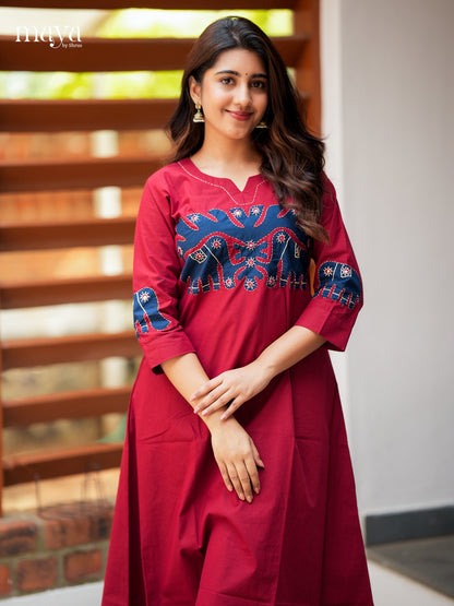 Brilliant Red Cotton Readymade Kurti with elephant patch neck yoke - MEA29006