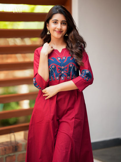 Brilliant Red Cotton Readymade Kurti with elephant patch neck yoke - MEA29006