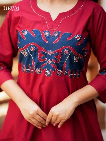 Brilliant Red Cotton Readymade Kurti with elephant patch neck yoke - MEA29006