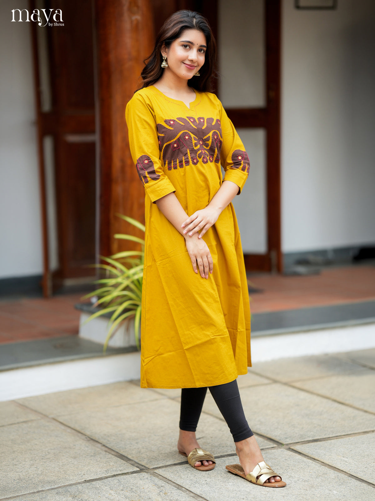 Chic Yellow Readymade Kurti with elephant patch work neck yoke  - MEA29008
