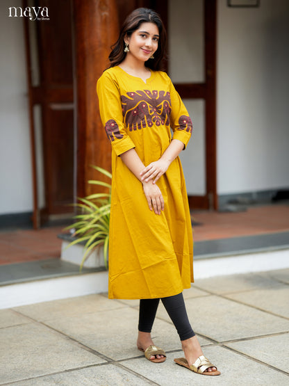 Chic Yellow Readymade Kurti with elephant patch work neck yoke  - MEA29008