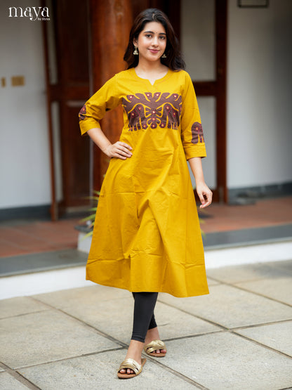 Chic Yellow Readymade Kurti with elephant patch work neck yoke  - MEA29008