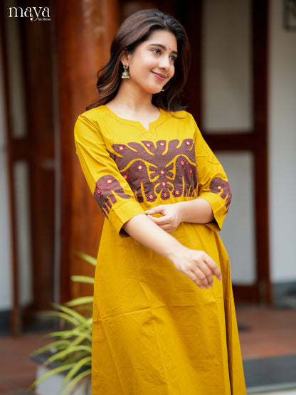 Chic Yellow Readymade Kurti with elephant patch work neck yoke  - MEA29008