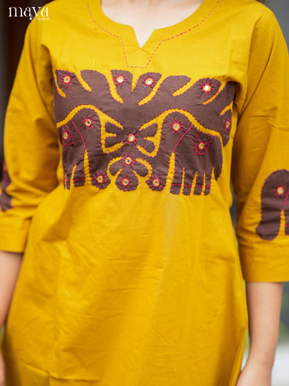 Chic Yellow Readymade Kurti with elephant patch work neck yoke  - MEA29008