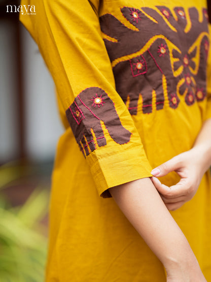 Chic Yellow Readymade Kurti with elephant patch work neck yoke  - MEA29008