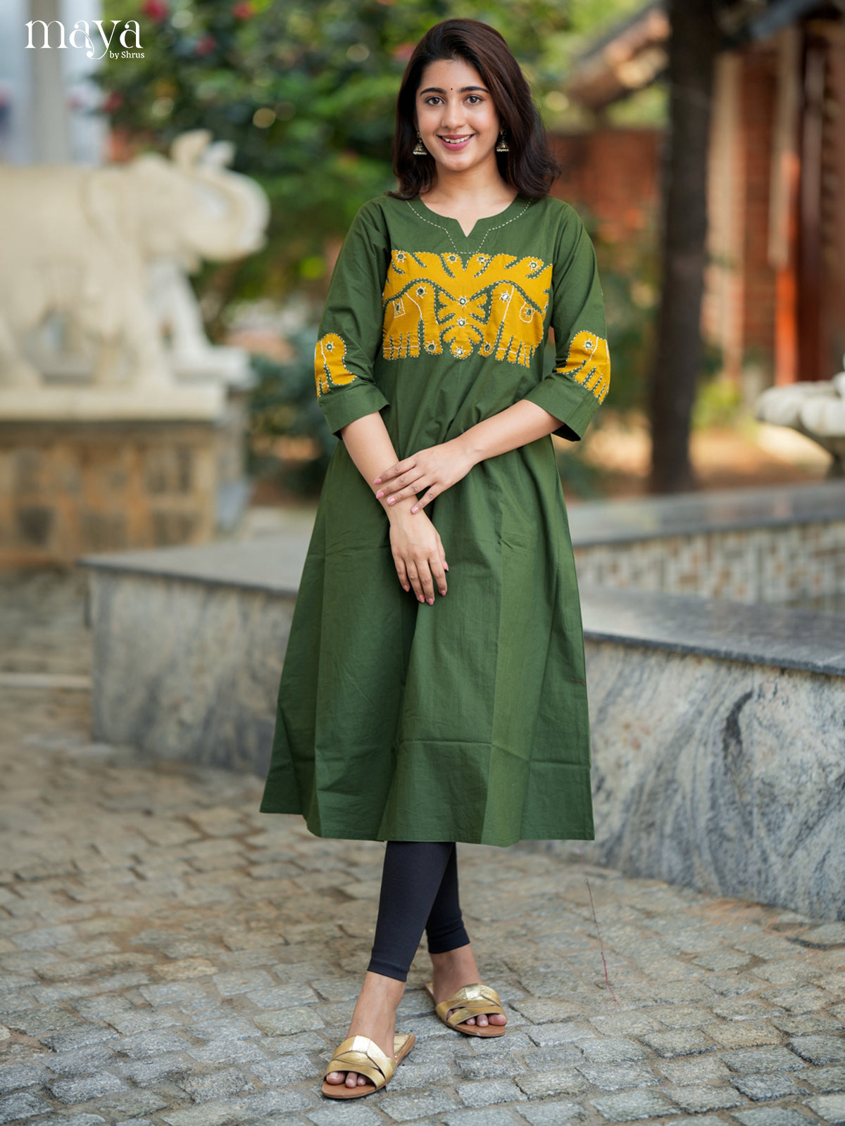 Classy Green & Yellow Cotton Readymade Kurti with elephant neck yoke - MEA29012