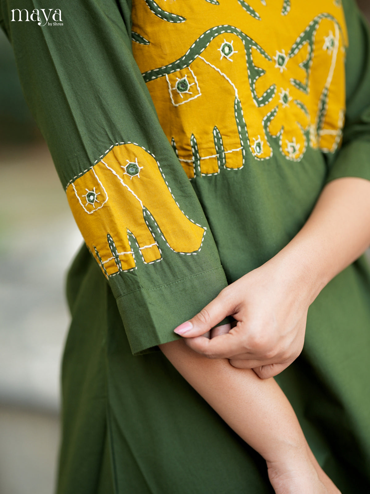 Classy Green & Yellow Cotton Readymade Kurti with elephant neck yoke - MEA29012