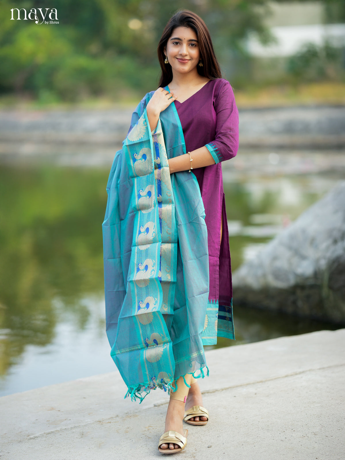 Exquisite Wine & Blue Chettinad Cotton Readymade Kurti Set With Dupatta