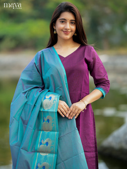 Exquisite Wine & Blue Chettinad Cotton Readymade Kurti Set With Dupatta