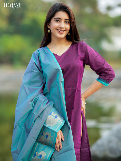 Exquisite Wine & Blue Chettinad Cotton Readymade Kurti Set With Dupatta