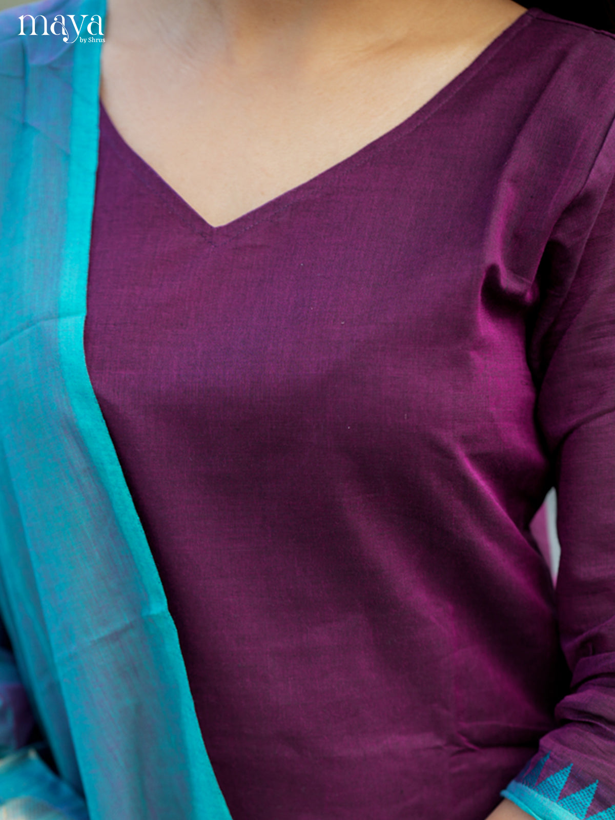 Exquisite Wine & Blue Chettinad Cotton Readymade Kurti Set With Dupatta