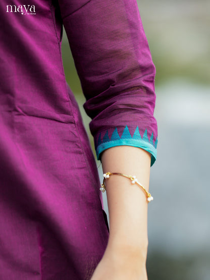 Exquisite Wine & Blue Chettinad Cotton Readymade Kurti Set With Dupatta