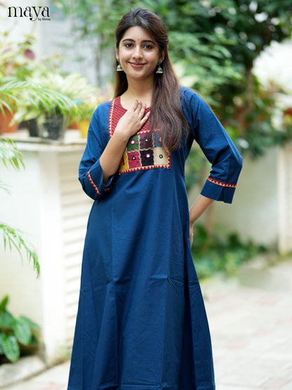 Beautiful Blue & Red Cotton Readymade Kurti with embroidered neck yoke-   MDL31007