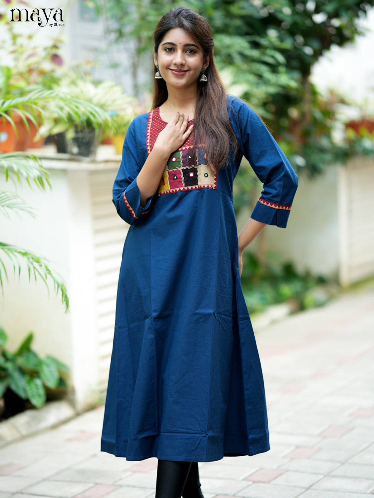 Beautiful Blue & Red Cotton Readymade Kurti with embroidered neck yoke-   MDL31007