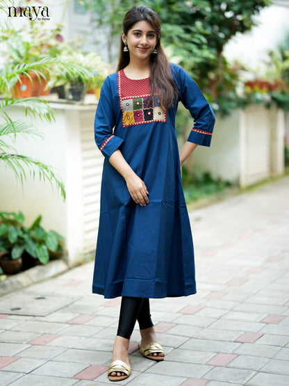 Beautiful Blue & Red Cotton Readymade Kurti with embroidered neck yoke-   MDL31007