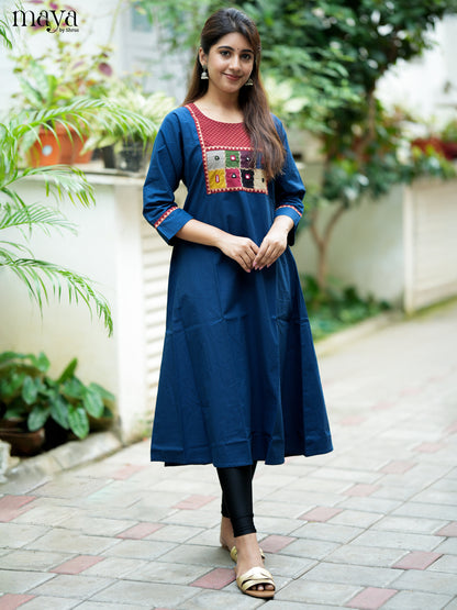 Beautiful Blue & Red Cotton Readymade Kurti with embroidered neck yoke-   MDL31007