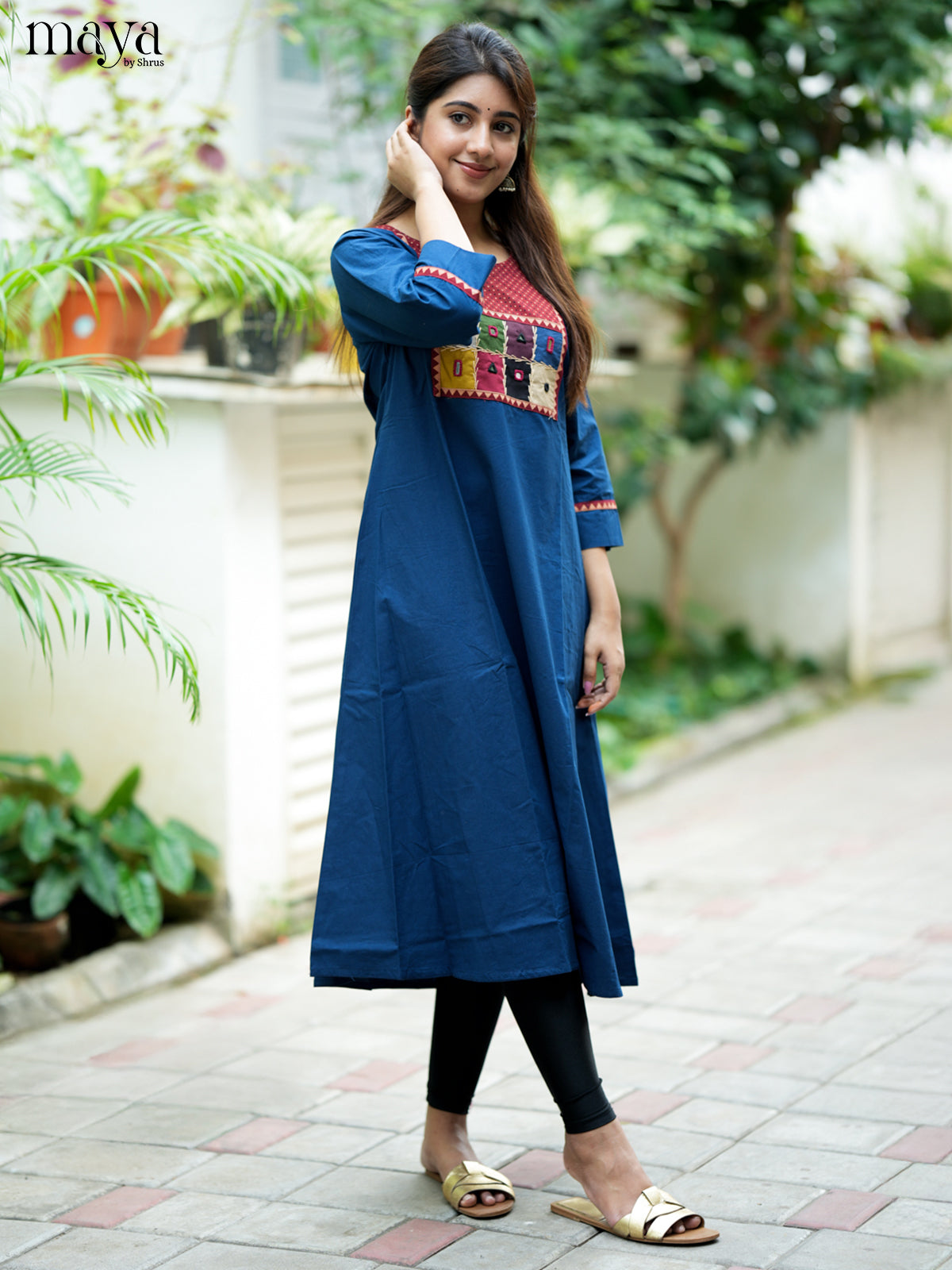 Beautiful Blue & Red Cotton Readymade Kurti with embroidered neck yoke-   MDL31007